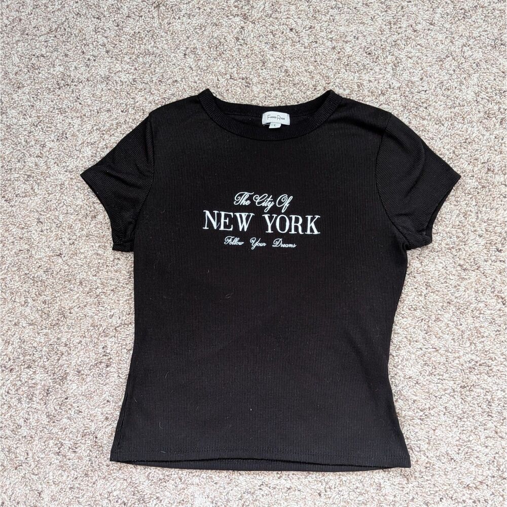 NYC Core Faded Rose Women L Black Ribbed New York City Graphic Baby Tee